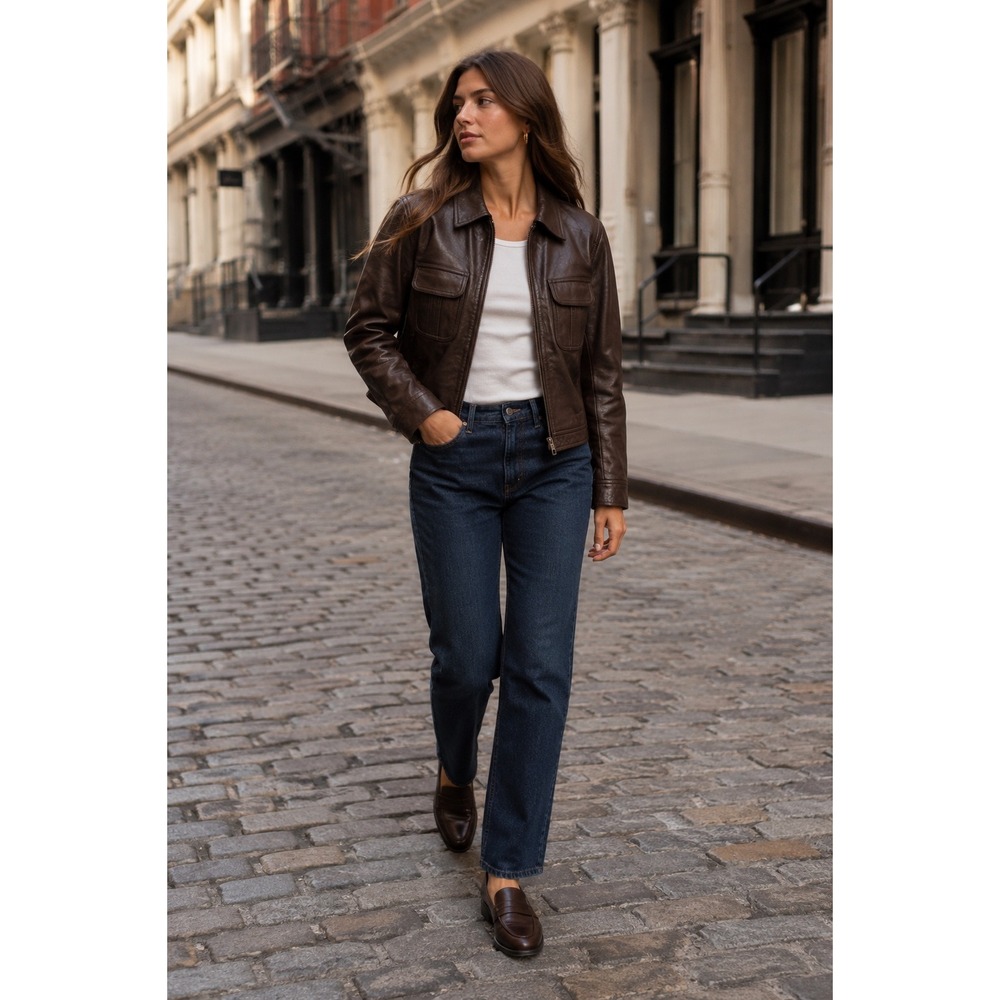 Vintage GAP Leather Jacket Medium Chocolate Brown Zip Front Utility Moto Y2K